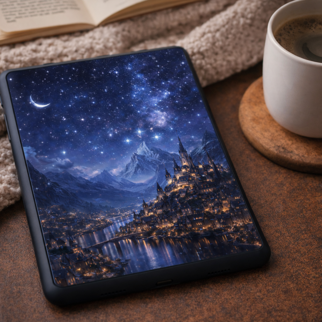 Tablet displaying a night scene with a castle on a wooden surface next to a cup of coffee.