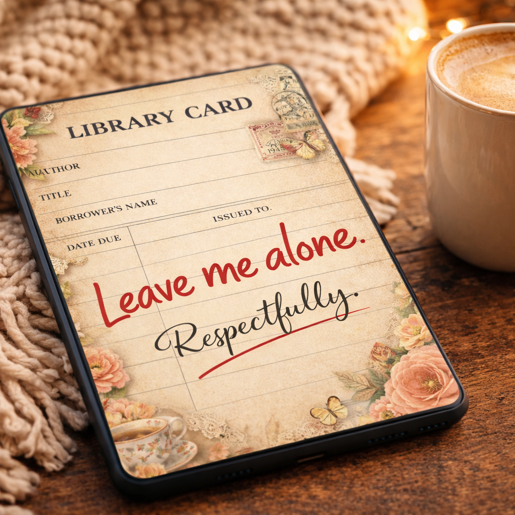 Phone with a library card design on screen next to a cup of coffee on a wooden surface.